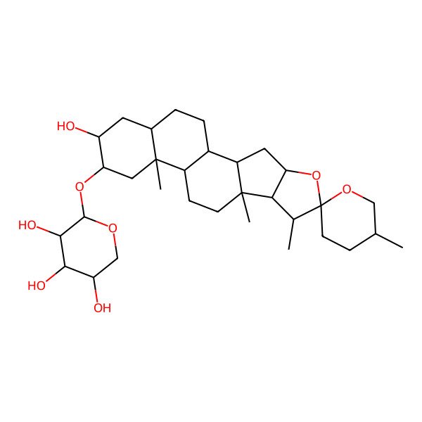 2D Structure of (2S,3R,4S,5R)-2-[(9S,13S,15S,18R)-16-hydroxy-5',7,9,13-tetramethylspiro[5-oxapentacyclo[10.8.0.02,9.04,8.013,18]icosane-6,2'-oxane]-15-yl]oxyoxane-3,4,5-triol