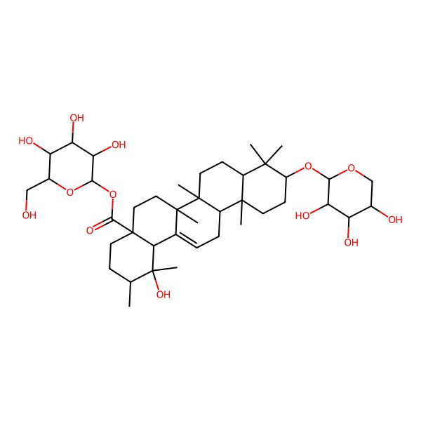 2D Structure of [(2S,3R,4S,5S,6R)-3,4,5-trihydroxy-6-(hydroxymethyl)oxan-2-yl] (1R,4aS,6bR,10S,12aR,14bS)-1-hydroxy-1,2,6a,6b,9,9,12a-heptamethyl-10-[(2S,3R,4S,5R)-3,4,5-trihydroxyoxan-2-yl]oxy-2,3,4,5,6,6a,7,8,8a,10,11,12,13,14b-tetradecahydropicene-4a-carboxylate