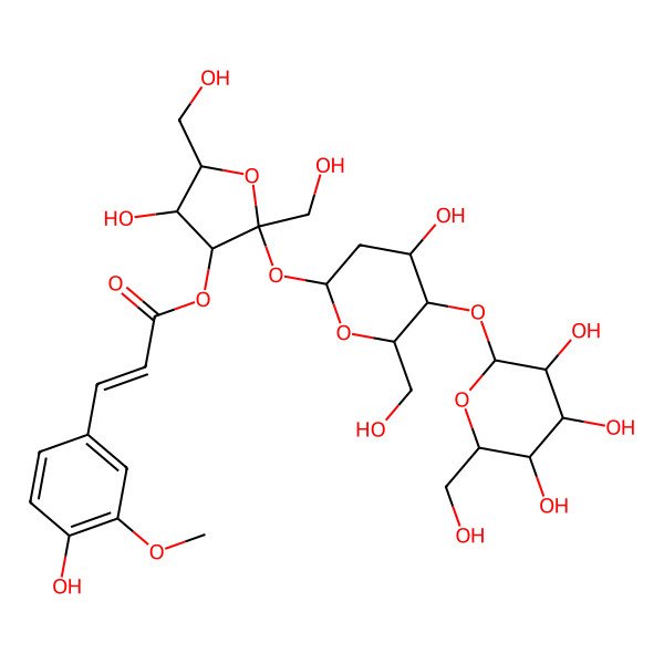 2D Structure of [(2S,3S,4R,5R)-4-hydroxy-2-[(2S,4R,5S,6R)-4-hydroxy-6-(hydroxymethyl)-5-[(2S,3R,4S,5S,6R)-3,4,5-trihydroxy-6-(hydroxymethyl)oxan-2-yl]oxyoxan-2-yl]oxy-2,5-bis(hydroxymethyl)oxolan-3-yl] (E)-3-(4-hydroxy-3-methoxyphenyl)prop-2-enoate