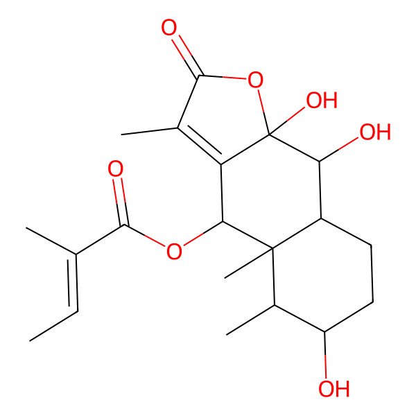 2D Structure of (Z)-2-Methyl-2-butenoic acid [(4S)-2-oxo-3,4abeta,5beta-trimethyl-6beta,9beta,9abeta-trihydroxy-2,4,4a,5,6,7,8,8abeta,9,9a-decahydronaphtho[2,3-b]furan]-4beta-yl ester