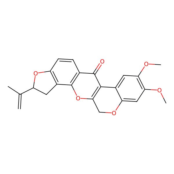 2D Structure of (1)Benzopyrano(3,4-b)furo(2,3-h)(1)benzopyran-6(12H)-one, 1,2-dihydro-8,9-dimethoxy-2-(1-methylethenyl)-, (R)-