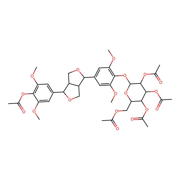 2D Structure of [(2R,3R,4S,5R,6S)-6-[4-[(3S,3aR,6S,6aR)-6-(4-acetyloxy-3,5-dimethoxyphenyl)-1,3,3a,4,6,6a-hexahydrofuro[3,4-c]furan-3-yl]-2,6-dimethoxyphenoxy]-3,4,5-triacetyloxyoxan-2-yl]methyl acetate