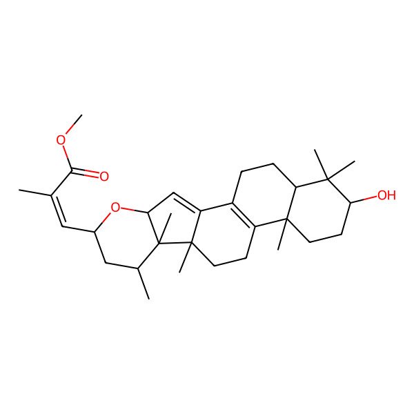 2D Structure of methyl (E)-3-[(4R,6R,8R,9S,10R,14S,17R,19R)-17-hydroxy-8,9,10,14,18,18-hexamethyl-5-oxapentacyclo[11.8.0.02,10.04,9.014,19]henicosa-1(13),2-dien-6-yl]-2-methylprop-2-enoate