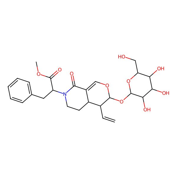 2D Structure of methyl (2S)-2-[(3S,4R,4aS)-4-ethenyl-8-oxo-3-[(2S,3R,4S,5S,6R)-3,4,5-trihydroxy-6-(hydroxymethyl)oxan-2-yl]oxy-4,4a,5,6-tetrahydro-3H-pyrano[3,4-c]pyridin-7-yl]-3-phenylpropanoate