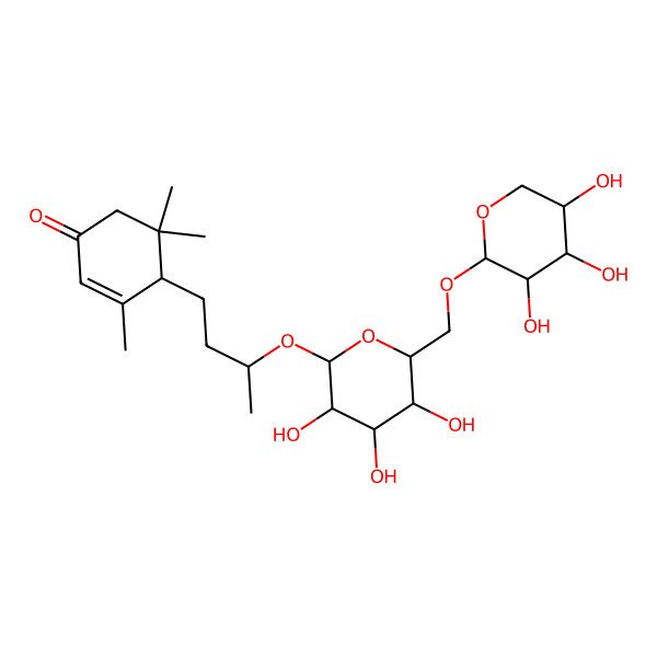 2D Structure of (4R)-3,5,5-trimethyl-4-[(3R)-3-[(2R,3R,4S,5S,6R)-3,4,5-trihydroxy-6-[[(2S,3R,4S,5S)-3,4,5-trihydroxyoxan-2-yl]oxymethyl]oxan-2-yl]oxybutyl]cyclohex-2-en-1-one