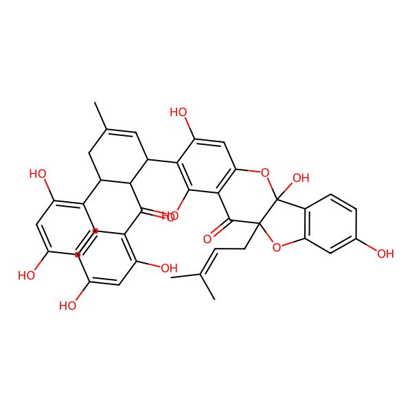 2D Structure of 2-[(1S,6R)-6-(2,4-dihydroxybenzoyl)-5-(2,4-dihydroxyphenyl)-3-methylcyclohex-2-en-1-yl]-1,3,5a,8-tetrahydroxy-10a-(3-methylbut-2-enyl)-[1]benzofuro[3,2-b]chromen-11-one