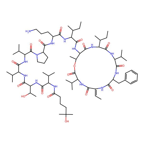 2D Structure of (2R)-N-[(2S)-5-amino-1-[[(2R,3S)-1-[[(3S,6Z,9S,12R,15R,18R,19R)-9-benzyl-15-[(2S)-butan-2-yl]-6-ethylidene-19-methyl-2,5,8,11,14,17-hexaoxo-3,12-di(propan-2-yl)-1-oxa-4,7,10,13,16-pentazacyclononadec-18-yl]amino]-3-methyl-1-oxopentan-2-yl]amino]-1-oxopentan-2-yl]-1-[(2R)-2-[[(2S)-2-[[(2S,3R)-3-hydroxy-2-[[(2R)-2-[(5-hydroxy-5-methylhexanoyl)amino]-3-methylbutanoyl]amino]butanoyl]amino]-3-methylbutanoyl]amino]-3-methylbutanoyl]pyrrolidine-2-carboxamide