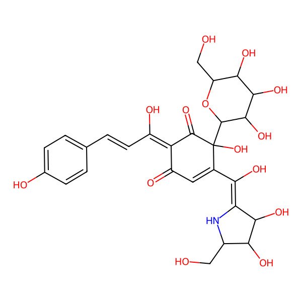 2D Structure of (2E)-5-[(Z)-[3,4-dihydroxy-5-(hydroxymethyl)pyrrolidin-2-ylidene]-hydroxymethyl]-6-hydroxy-2-[1-hydroxy-3-(4-hydroxyphenyl)prop-2-enylidene]-6-[(2R,4S,5S)-3,4,5-trihydroxy-6-(hydroxymethyl)oxan-2-yl]cyclohex-4-ene-1,3-dione
