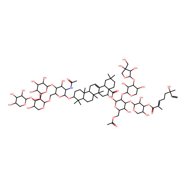 2D Structure of [(2S,3R,4S,5R,6R)-6-(acetyloxymethyl)-4-[(2S,3R,4S,5R)-3,5-dihydroxy-4-[(2E,6R)-6-hydroxy-2,6-dimethylocta-2,7-dienoyl]oxyoxan-2-yl]oxy-3-[(2S,3R,4S,5R)-4-[(2S,3R,4R)-3,4-dihydroxy-4-(hydroxymethyl)oxolan-2-yl]oxy-3,5-dihydroxyoxan-2-yl]oxy-5-hydroxyoxan-2-yl] (4aR,5R,6aR,6aS,6bR,8aR,10S,12aR,14bS)-10-[(2R,3R,4R,5S,6R)-3-acetamido-6-[[(2S,3R,4S,5S)-3,5-dihydroxy-4-[(2S,3R,4S,5R)-3,4,5-trihydroxyoxan-2-yl]oxyoxan-2-yl]oxymethyl]-4-hydroxy-5-[(2S,3R,4S,5S,6R)-3,4,5-trihydroxy-6-(hydroxymethyl)oxan-2-yl]oxyoxan-2-yl]oxy-5-hydroxy-2,2,6a,6b,9,9,12a-heptamethyl-1,3,4,5,6,6a,7,8,8a,10,11,12,13,14b-tetradecahydropicene-4a-carboxylate