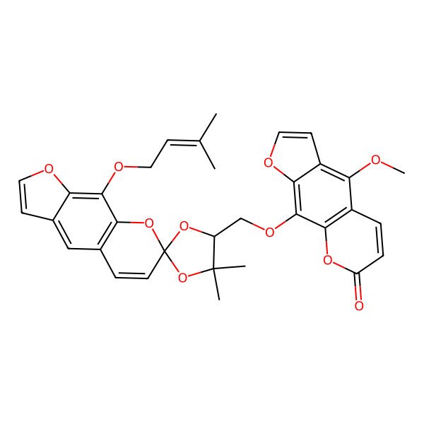 2D Structure of 9-[[(2S,4R)-5,5-dimethyl-9'-(3-methylbut-2-enoxy)spiro[1,3-dioxolane-2,7'-furo[3,2-g]chromene]-4-yl]methoxy]-4-methoxyfuro[3,2-g]chromen-7-one