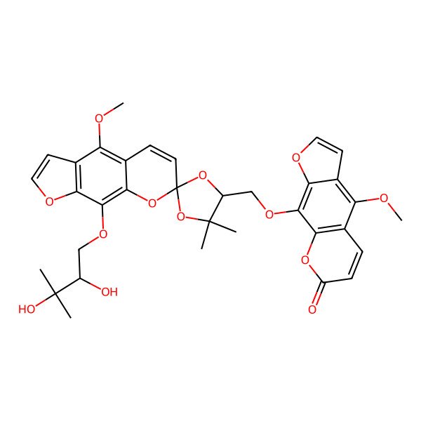 2D Structure of 9-[[(2S,4R)-9'-[(2R)-2,3-dihydroxy-3-methylbutoxy]-4'-methoxy-5,5-dimethylspiro[1,3-dioxolane-2,7'-furo[3,2-g]chromene]-4-yl]methoxy]-4-methoxyfuro[3,2-g]chromen-7-one