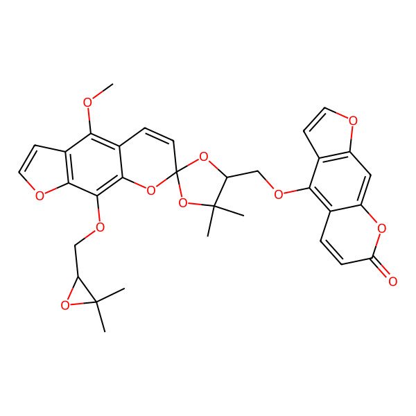 2D Structure of 4-[[(2S,4R)-9'-[(3,3-dimethyloxiran-2-yl)methoxy]-4'-methoxy-5,5-dimethylspiro[1,3-dioxolane-2,7'-furo[3,2-g]chromene]-4-yl]methoxy]furo[3,2-g]chromen-7-one