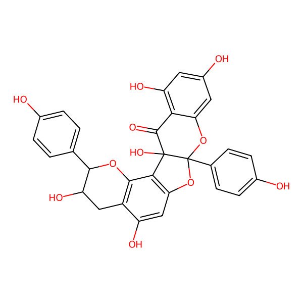 2D Structure of (1S,5S,6R,13R)-1,6,9,17,19-pentahydroxy-5,13-bis(4-hydroxyphenyl)-4,12,14-trioxapentacyclo[11.8.0.02,11.03,8.015,20]henicosa-2(11),3(8),9,15,17,19-hexaen-21-one