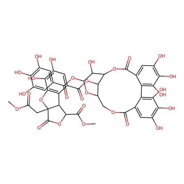 2D Structure of 8-O-[(1R,19R,21R,22R,23R)-6,7,8,11,12,13,22-heptahydroxy-3,16-dioxo-21-(3,4,5-trihydroxybenzoyl)oxy-2,17,20-trioxatetracyclo[17.3.1.04,9.010,15]tricosa-4,6,8,10,12,14-hexaen-23-yl] 1-O-methyl (1R,3aR,8bR)-5,6-dihydroxy-3a-(2-methoxy-2-oxoethyl)-3-oxo-1,8b-dihydrofuro[3,4-b][1]benzofuran-1,8-dicarboxylate