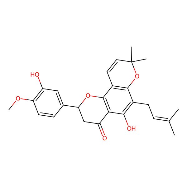 2D Structure of (2S)-6-(gamma,gamma-dimethylallyl)-5,3'-dihydroxy-4'-methoxy-6'',6''-dimethylpyran[2'',3'':7,8]flavanone