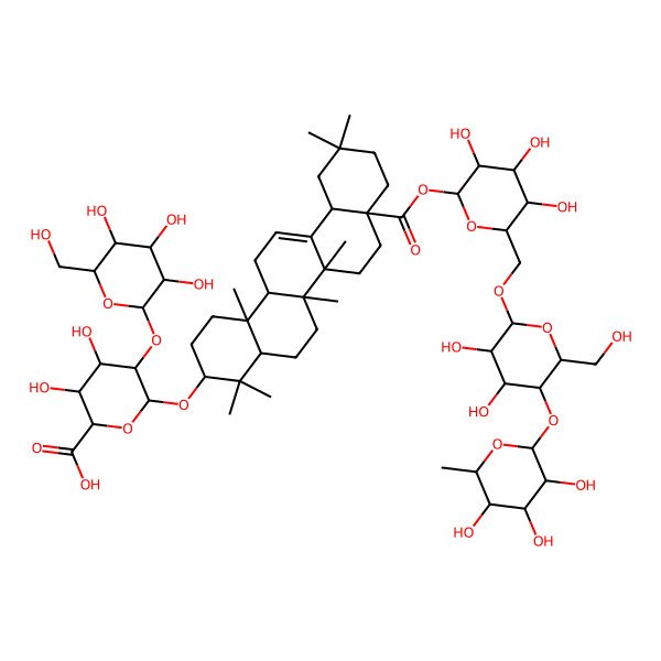 2D Structure of (2S,3S,4S,5R,6R)-6-[[(3S,4aR,6aR,6bS,8aS,12aS,14aR,14bR)-8a-[(2S,3R,4S,5S,6R)-6-[[(2R,3R,4R,5S,6R)-3,4-dihydroxy-6-(hydroxymethyl)-5-[(2S,3R,4R,5R,6S)-3,4,5-trihydroxy-6-methyloxan-2-yl]oxyoxan-2-yl]oxymethyl]-3,4,5-trihydroxyoxan-2-yl]oxycarbonyl-4,4,6a,6b,11,11,14b-heptamethyl-1,2,3,4a,5,6,7,8,9,10,12,12a,14,14a-tetradecahydropicen-3-yl]oxy]-3,4-dihydroxy-5-[(2S,3R,4S,5S,6R)-3,4,5-trihydroxy-6-(hydroxymethyl)oxan-2-yl]oxyoxane-2-carboxylic acid