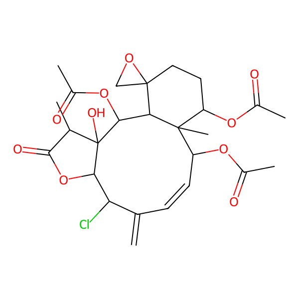 2D Structure of [(1S,2S,3R,4R,7R,8S,10E,12S,13R,14S,17S)-2,12-diacetyloxy-8-chloro-3-hydroxy-4,13-dimethyl-9-methylidene-5-oxospiro[6-oxatricyclo[11.4.0.03,7]heptadec-10-ene-17,2'-oxirane]-14-yl] acetate