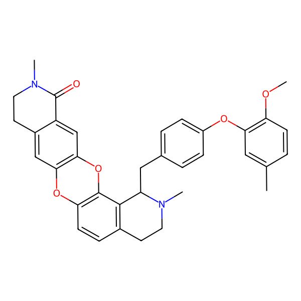2D Structure of (5S)-5-[[4-(2-methoxy-5-methylphenoxy)phenyl]methyl]-6,19-dimethyl-2,13-dioxa-6,19-diazapentacyclo[12.8.0.03,12.04,9.016,21]docosa-1(14),3(12),4(9),10,15,21-hexaen-20-one