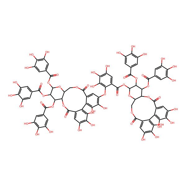 2D Structure of [3,4,5,21,22,23-Hexahydroxy-8,18-dioxo-11,12-bis[(3,4,5-trihydroxybenzoyl)oxy]-9,14,17-trioxatetracyclo[17.4.0.02,7.010,15]tricosa-1(23),2,4,6,19,21-hexaen-13-yl] 3,4,5-trihydroxy-2-[[3,4,5,22,23-pentahydroxy-8,18-dioxo-11,12,13-tris[(3,4,5-trihydroxybenzoyl)oxy]-9,14,17-trioxatetracyclo[17.4.0.02,7.010,15]tricosa-1(23),2,4,6,19,21-hexaen-21-yl]oxy]benzoate