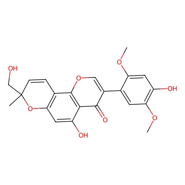 2D Structure of (8R)-5-hydroxy-3-(4-hydroxy-2,5-dimethoxyphenyl)-8-(hydroxymethyl)-8-methylpyrano[2,3-h]chromen-4-one