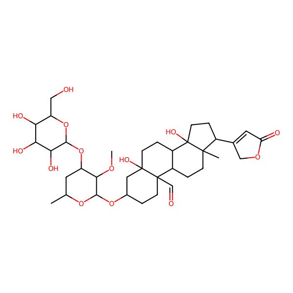 2D Structure of (3S,5S,8R,9S,10S,13R,14S,17R)-5,14-dihydroxy-3-[(2S,3R,4R,6R)-3-methoxy-6-methyl-4-[(2R,3R,4S,5S,6R)-3,4,5-trihydroxy-6-(hydroxymethyl)oxan-2-yl]oxyoxan-2-yl]oxy-13-methyl-17-(5-oxo-2H-furan-3-yl)-2,3,4,6,7,8,9,11,12,15,16,17-dodecahydro-1H-cyclopenta[a]phenanthrene-10-carbaldehyde