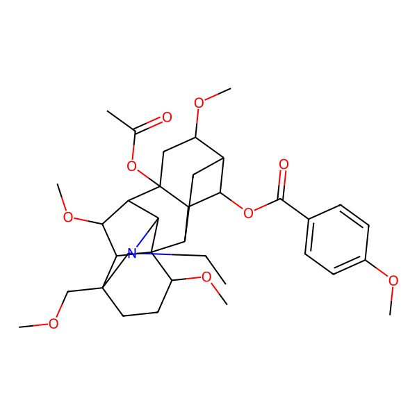 2D Structure of [(2R,3R,6S,8R,13S,17R)-8-acetyloxy-11-ethyl-6,16,18-trimethoxy-13-(methoxymethyl)-11-azahexacyclo[7.7.2.12,5.01,10.03,8.013,17]nonadecan-4-yl] 4-methoxybenzoate