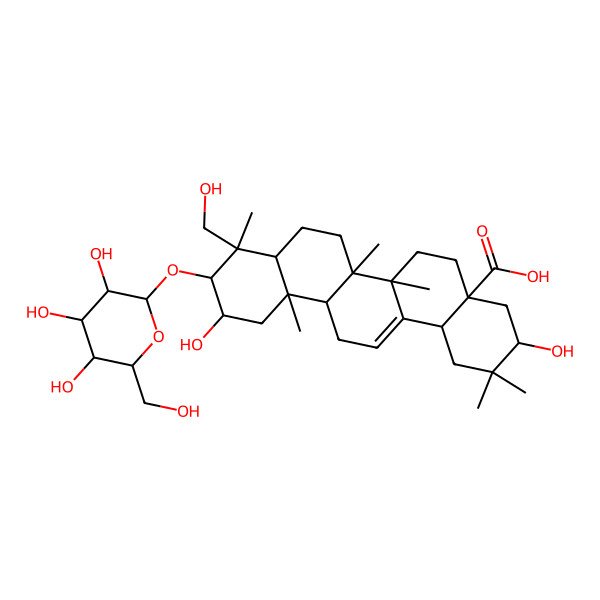 2D Structure of (3S,4aR,6aS,6bR,9R,10R,11S,12aR)-3,11-dihydroxy-9-(hydroxymethyl)-2,2,6a,6b,9,12a-hexamethyl-10-[(2R,3R,4S,5S,6R)-3,4,5-trihydroxy-6-(hydroxymethyl)oxan-2-yl]oxy-1,3,4,5,6,6a,7,8,8a,10,11,12,13,14b-tetradecahydropicene-4a-carboxylic acid