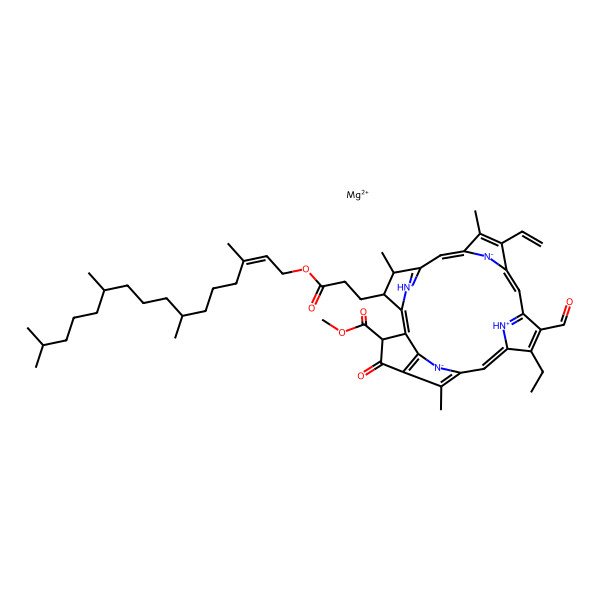 2D Structure of magnesium;methyl 16-ethenyl-11-ethyl-12-formyl-17,21,26-trimethyl-4-oxo-22-[3-oxo-3-[(E)-3,7,11,15-tetramethylhexadec-2-enoxy]propyl]-23,25-diazonia-7,24-diazanidahexacyclo[18.2.1.15,8.110,13.115,18.02,6]hexacosa-1(23),2(6),5(26),8,10(25),11,13,15,17,19-decaene-3-carboxylate