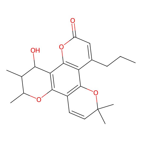 2D Structure of 2H,6H,10H-Benzo(1,2-b:3,4-b':5,6-b'')tripyran-2-one, 11,12-dihydro-12-hydroxy-6,6,10,11-tetramethyl-4-propyl-, (10R,11R,12S)-