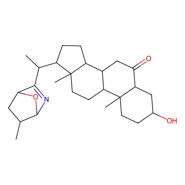 2D Structure of (3S,10R,13S)-3-hydroxy-10,13-dimethyl-17-[1-(6-methyl-7-oxa-2-azabicyclo[2.2.1]hept-2-en-3-yl)ethyl]-1,2,3,4,5,7,8,9,11,12,14,15,16,17-tetradecahydrocyclopenta[a]phenanthren-6-one