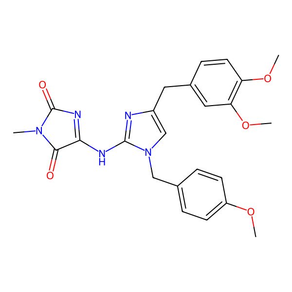 2D Structure of 5-[[4-[(3,4-dimethoxyphenyl)methyl]-1-[(4-methoxyphenyl)methyl]imidazol-2-yl]amino]-3-methylimidazole-2,4-dione