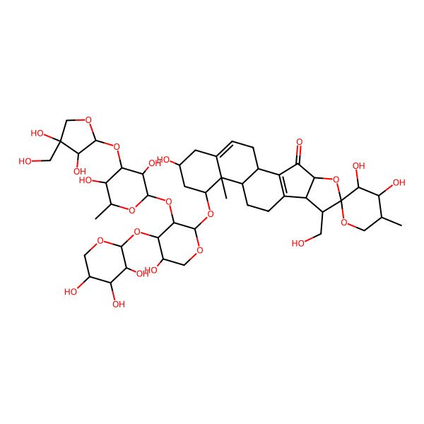 2D Structure of (1R,3'S,4R,4'R,5'S,6S,7R,8R,12S,13R,14R,16R)-14-[(2S,3R,4S,5S)-3-[(2S,3R,4R,5S,6S)-4-[(2S,3R,4R)-3,4-dihydroxy-4-(hydroxymethyl)oxolan-2-yl]oxy-3,5-dihydroxy-6-methyloxan-2-yl]oxy-5-hydroxy-4-[(2S,3R,4S,5R)-3,4,5-trihydroxyoxan-2-yl]oxyoxan-2-yl]oxy-3',4',16-trihydroxy-7-(hydroxymethyl)-5',13-dimethylspiro[5-oxapentacyclo[10.8.0.02,9.04,8.013,18]icosa-2(9),18-diene-6,2'-oxane]-3-one