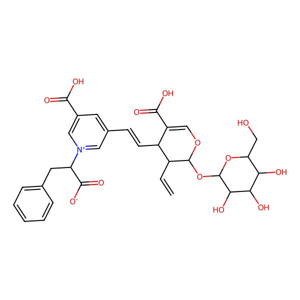 2D Structure of (2R)-2-[3-carboxy-5-[(E)-2-[(2S,3R,4S)-5-carboxy-3-ethenyl-2-[(2S,3R,4S,5S,6R)-3,4,5-trihydroxy-6-(hydroxymethyl)oxan-2-yl]oxy-3,4-dihydro-2H-pyran-4-yl]ethenyl]pyridin-1-ium-1-yl]-3-phenylpropanoate