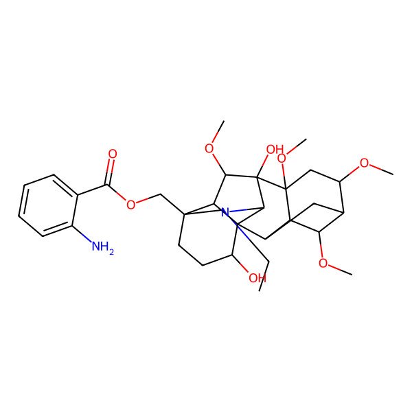 2D Structure of [(1S,2R,3R,4S,5R,6S,8R,9S,10S,13S,16S,17R,18S)-11-ethyl-9,16-dihydroxy-4,6,8,18-tetramethoxy-11-azahexacyclo[7.7.2.12,5.01,10.03,8.013,17]nonadecan-13-yl]methyl 2-aminobenzoate
