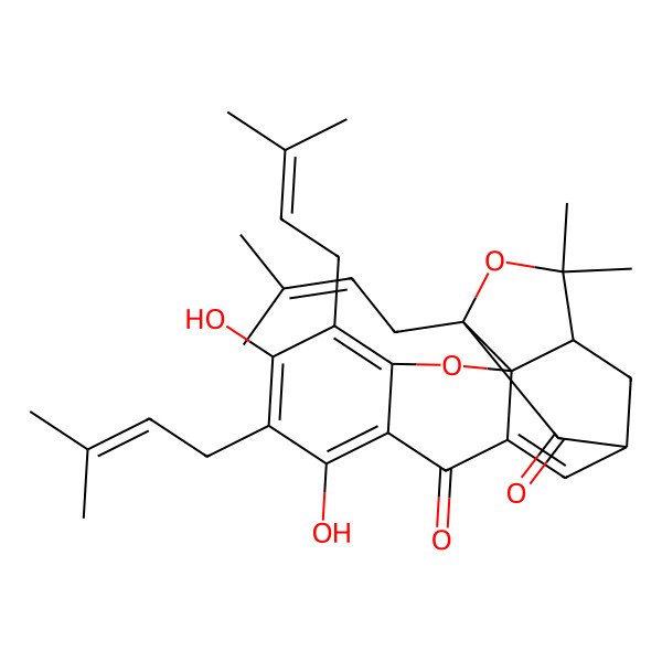 2D Structure of (1S,2S,13S,15R)-6,8-dihydroxy-17,17-dimethyl-5,7,15-tris(3-methylbut-2-enyl)-3,16-dioxapentacyclo[11.4.1.02,11.02,15.04,9]octadeca-4,6,8,11-tetraene-10,14-dione