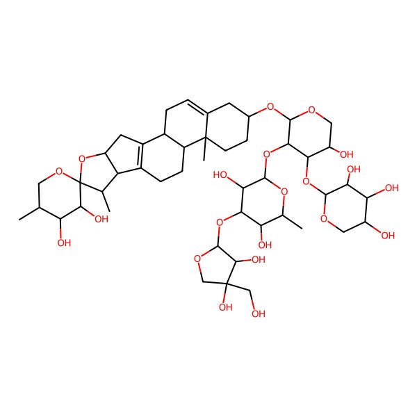 2D Structure of (2S,3R,4S,5R)-2-[(2S,3R,4S,5S)-3-[(2S,3R,4R,5S,6S)-4-[(2S,3R,4R)-3,4-dihydroxy-4-(hydroxymethyl)oxolan-2-yl]oxy-3,5-dihydroxy-6-methyloxan-2-yl]oxy-2-[(1R,3'S,4S,4'R,5'S,6S,7S,8R,12S,13R,16S)-3',4'-dihydroxy-5',7,13-trimethylspiro[5-oxapentacyclo[10.8.0.02,9.04,8.013,18]icosa-2(9),18-diene-6,2'-oxane]-16-yl]oxy-5-hydroxyoxan-4-yl]oxyoxane-3,4,5-triol