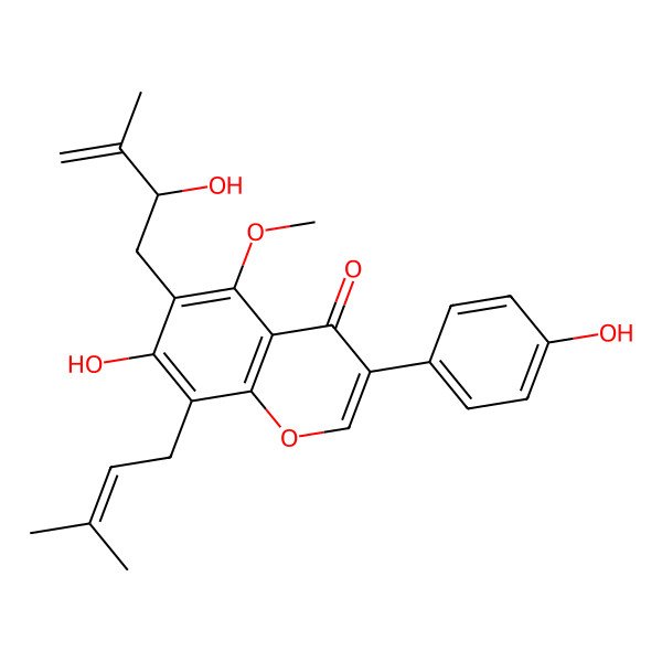 2D Structure of 7-Hydroxy-6-(2-hydroxy-3-methylbut-3-enyl)-3-(4-hydroxyphenyl)-5-methoxy-8-(3-methylbut-2-enyl)chromen-4-one