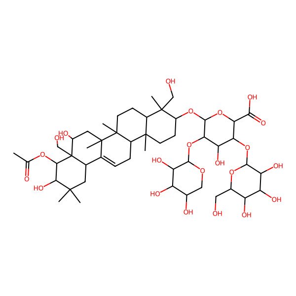 2D Structure of (2S,3S,4S,5R,6R)-6-[[(3S,4S,4aR,6aR,6bS,8R,8aR,9R,10R,12aS,14aR,14bR)-9-acetyloxy-8,10-dihydroxy-4,8a-bis(hydroxymethyl)-4,6a,6b,11,11,14b-hexamethyl-1,2,3,4a,5,6,7,8,9,10,12,12a,14,14a-tetradecahydropicen-3-yl]oxy]-4-hydroxy-3-[(2S,3R,4S,5S,6R)-3,4,5-trihydroxy-6-(hydroxymethyl)oxan-2-yl]oxy-5-[(2S,3R,4S,5R)-3,4,5-trihydroxyoxan-2-yl]oxyoxane-2-carboxylic acid