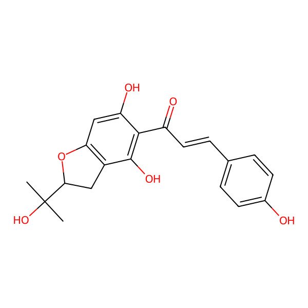 2D Structure of (E)-1-[4,6-dihydroxy-2-(2-hydroxypropan-2-yl)-2,3-dihydro-1-benzofuran-5-yl]-3-(4-hydroxyphenyl)prop-2-en-1-one