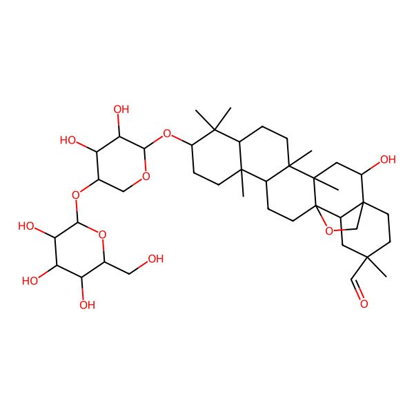 2D Structure of (1S,2R,4S,5R,8R,10S,13R,14R,17S,18R,20S)-10-[(2S,3R,4R,5S)-3,4-dihydroxy-5-[(2S,3R,4S,5S,6R)-3,4,5-trihydroxy-6-(hydroxymethyl)oxan-2-yl]oxyoxan-2-yl]oxy-2-hydroxy-4,5,9,9,13,20-hexamethyl-24-oxahexacyclo[15.5.2.01,18.04,17.05,14.08,13]tetracosane-20-carbaldehyde