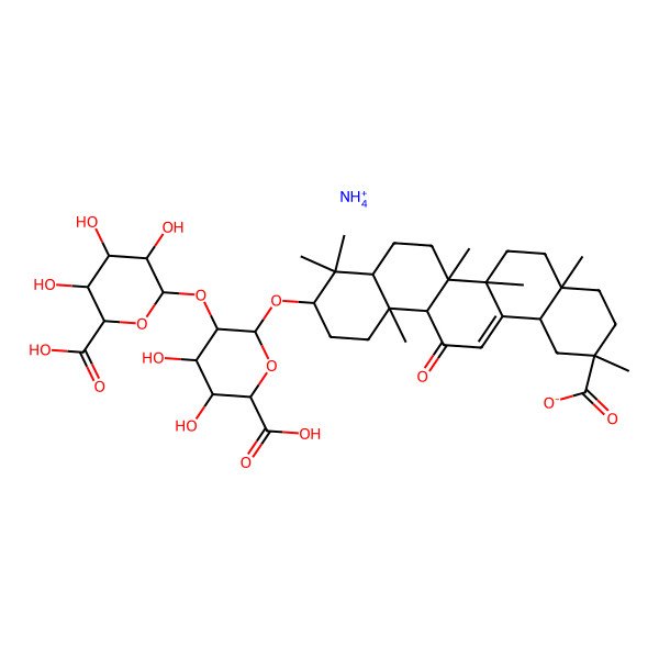 2D Structure of azanium;(2S,4aS,6aR,6aS,6bR,8aR,10S,12aS,14bR)-10-[(2S,3R,4S,5S,6S)-6-carboxy-3-[(2R,3R,4S,5S,6S)-6-carboxy-3,4,5-trihydroxyoxan-2-yl]oxy-4,5-dihydroxyoxan-2-yl]oxy-2,4a,6a,6b,9,9,12a-heptamethyl-13-oxo-3,4,5,6,6a,7,8,8a,10,11,12,14b-dodecahydro-1H-picene-2-carboxylate
