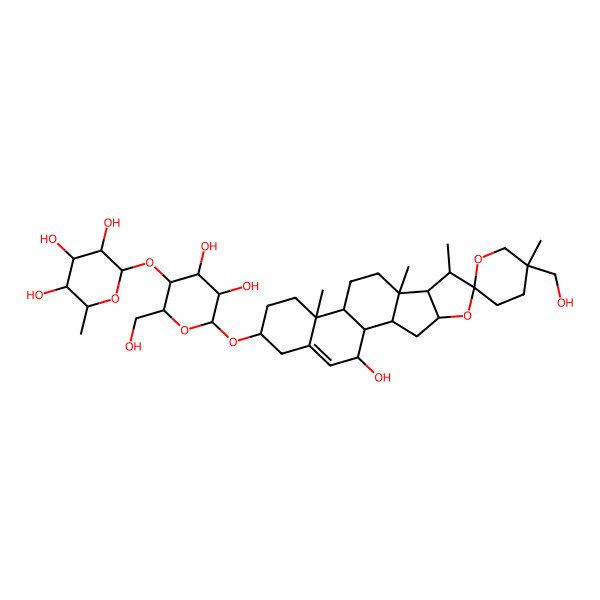 2D Structure of (2S,3R,4R,5R,6S)-2-[(2R,3S,4R,5R,6R)-4,5-dihydroxy-6-[(1S,2S,4S,5'R,6R,7S,8R,9S,12S,13R,16S,20S)-20-hydroxy-5'-(hydroxymethyl)-5',7,9,13-tetramethylspiro[5-oxapentacyclo[10.8.0.02,9.04,8.013,18]icos-18-ene-6,2'-oxane]-16-yl]oxy-2-(hydroxymethyl)oxan-3-yl]oxy-6-methyloxane-3,4,5-triol