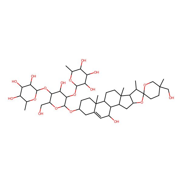 2D Structure of (2S,3R,4R,5R,6S)-2-[(2R,3S,4S,5R,6R)-4-hydroxy-6-[(1S,2S,4S,5'R,6R,7S,8R,9S,12S,13R,16S,20R)-20-hydroxy-5'-(hydroxymethyl)-5',7,9,13-tetramethylspiro[5-oxapentacyclo[10.8.0.02,9.04,8.013,18]icos-18-ene-6,2'-oxane]-16-yl]oxy-2-(hydroxymethyl)-5-[(2S,3R,4R,5R,6S)-3,4,5-trihydroxy-6-methyloxan-2-yl]oxyoxan-3-yl]oxy-6-methyloxane-3,4,5-triol