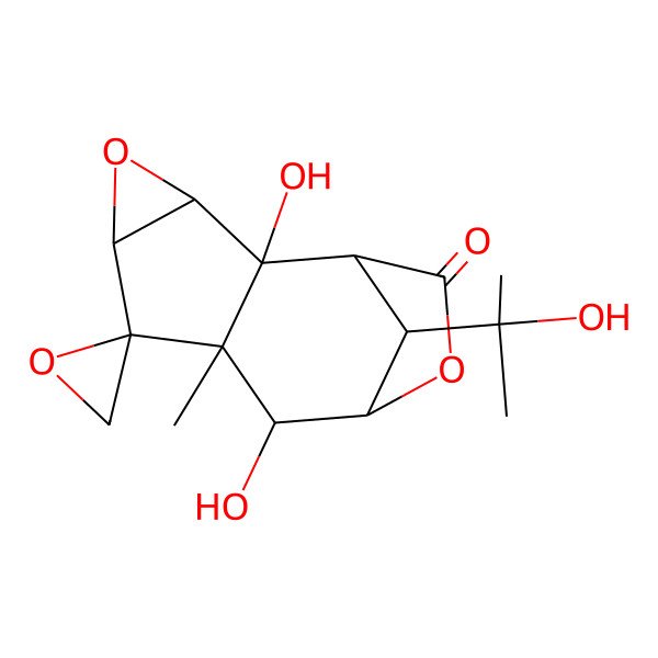 2D Structure of 2,8-Dihydroxy-12-(2-hydroxypropan-2-yl)-7-methylspiro[4,10-dioxatetracyclo[7.2.1.02,7.03,5]dodecane-6,2'-oxirane]-11-one