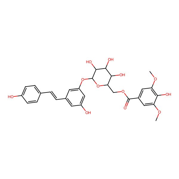 2D Structure of (E)-3-[6-O-(3,5-Dimethoxy-4-hydroxybenzoyl)-beta-D-glucopyranosyloxy]stilbene-4',5-diol