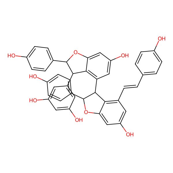 2D Structure of 5-[(2R,3S)-6-hydroxy-4-[(2R,3R)-6-hydroxy-2-(4-hydroxyphenyl)-4-[(E)-2-(4-hydroxyphenyl)ethenyl]-2,3-dihydro-1-benzofuran-3-yl]-2-(4-hydroxyphenyl)-2,3-dihydro-1-benzofuran-3-yl]benzene-1,3-diol