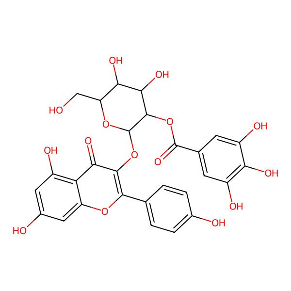 2D Structure of 4H-1-Benzopyran-4-one, 5,7-dihydroxy-2-(4-hydroxyphenyl)-3-((2-O-(3,4,5-trihydroxybenzoyl)-beta-D-glucopyranosyl)oxy)-