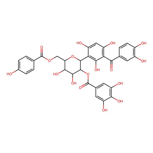 2D Structure of (3,4-Dihydroxyphenyl)[2,4,6-trihydroxy-3-[6-O-(4-hydroxybenzoyl)-2-O-(3,4,5-trihydroxybenzoyl)-beta-D-glucopyranosyl]phenyl]methanone