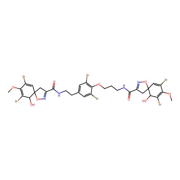 2D Structure of N,N'-[1,3-Propanediyl[oxy[1,3-dibromo-2,5-phenylene(ethylene)]]]bis[(1S)-2beta-hydroxy-3,5-dibromo-4-methoxyspiro[benzene-1(2H),5'(4'H)-isoxazole]-3'-carboxamide]