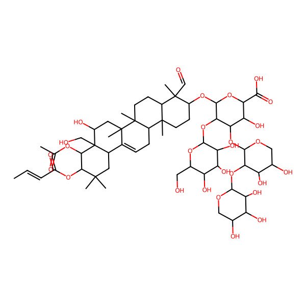 2D Structure of (2S,3S,4S,5R,6R)-6-[[(3S,4S,6aR,6bS,8R,8aR,9R,10R,12aS,14aR,14bR)-9-acetyloxy-10-[(Z)-but-2-enoyl]oxy-4-formyl-8-hydroxy-8a-(hydroxymethyl)-4,6a,6b,11,11,14b-hexamethyl-1,2,3,4a,5,6,7,8,9,10,12,12a,14,14a-tetradecahydropicen-3-yl]oxy]-4-[(2S,3R,4S,5S)-4,5-dihydroxy-3-[(2S,3R,4S,5R)-3,4,5-trihydroxyoxan-2-yl]oxyoxan-2-yl]oxy-3-hydroxy-5-[(2S,3R,4S,5R,6R)-3,4,5-trihydroxy-6-(hydroxymethyl)oxan-2-yl]oxyoxane-2-carboxylic acid
